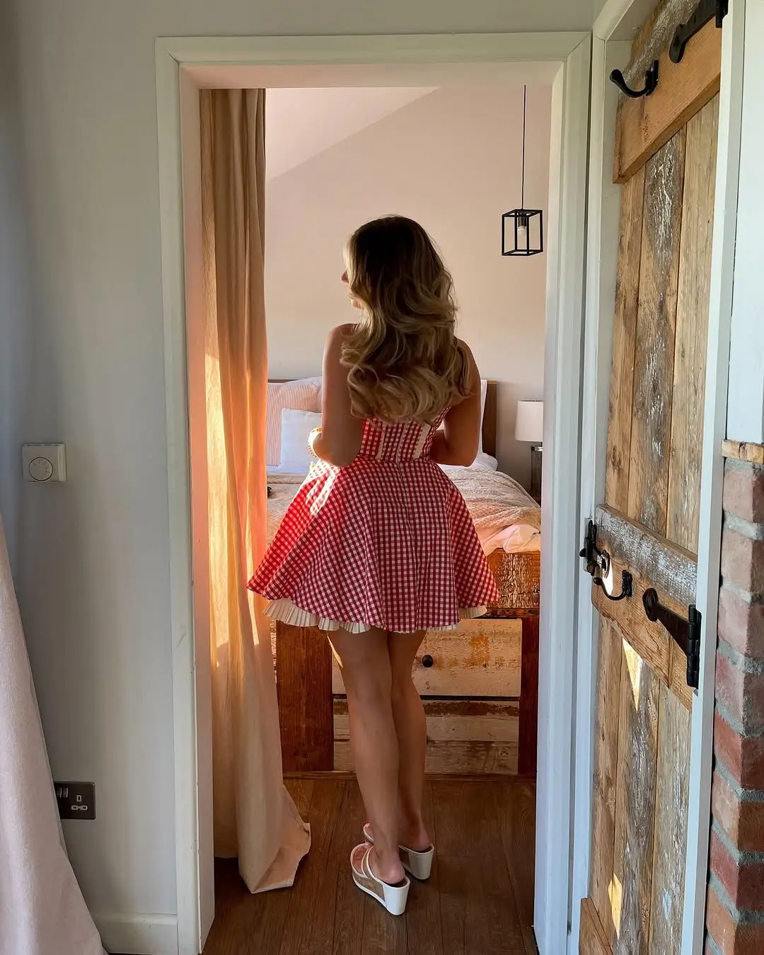 Cute Plaid Halter Front Button Pockets Backless A-line Short Dress - Image 3