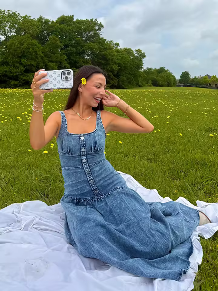 Denim Metal Single Breasted Square Neck Sleeveless Backless Slim High Street Maxi Dress - Image 5