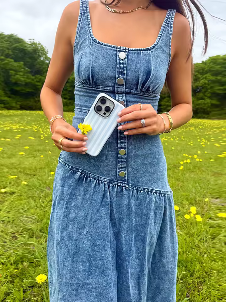 Denim Metal Single Breasted Square Neck Sleeveless Backless Slim High Street Maxi Dress - Image 3