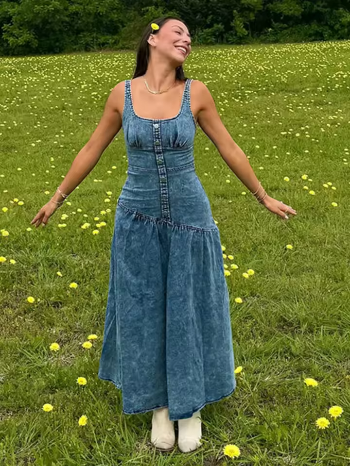 Denim Metal Single Breasted Square Neck Sleeveless Backless Slim High Street Maxi Dress