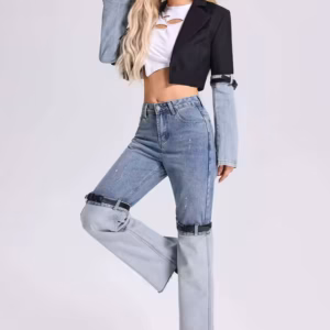 Denim Patchwork High Waist Straight PU Leather Buckle Jacket