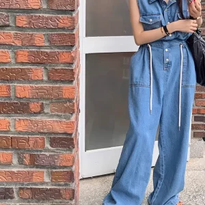 Denim Retro Collar Drawstring Casual Loose Workwear Jumpsuit