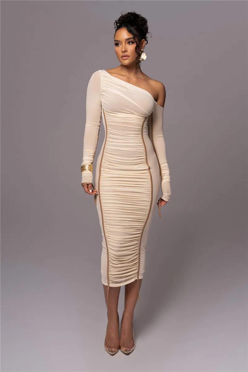 Diagonal Collar Long Sleeve Two Layer Mesh Backless Ruched Bodycon Midi Dress - Image 2