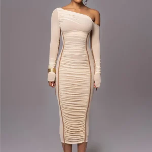 Diagonal Collar Long Sleeve Two Layer Mesh Backless Ruched Bodycon Midi Dress