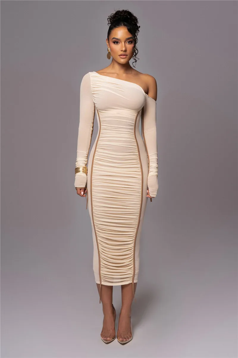 Diagonal Collar Long Sleeve Two Layer Mesh Backless Ruched Bodycon Midi Dress