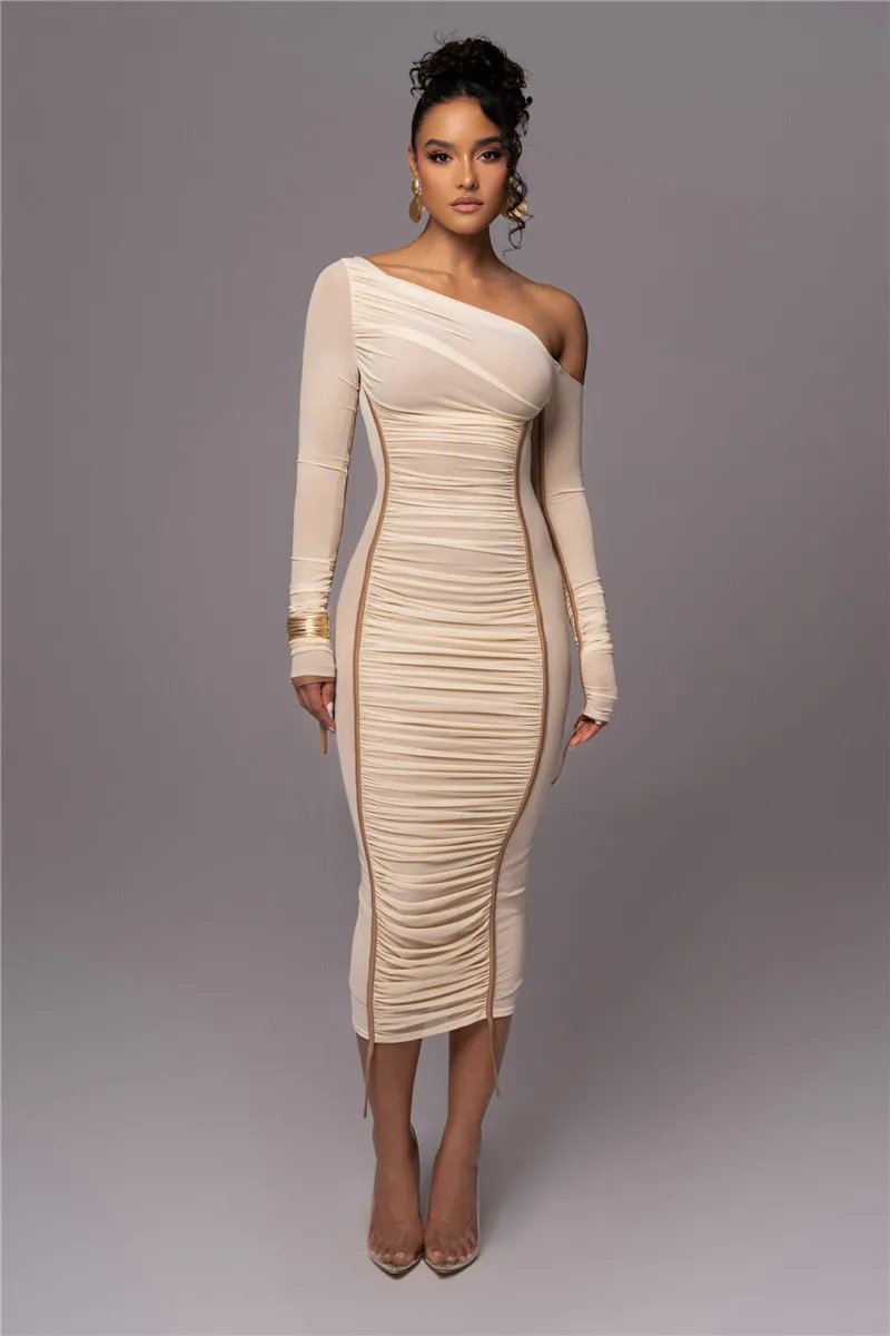 Diagonal Collar Long Sleeve Two Layer Mesh Backless Ruched Bodycon Midi Dress - Image 3