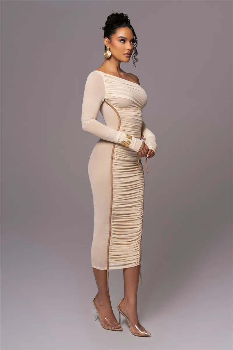 Diagonal Collar Long Sleeve Two Layer Mesh Backless Ruched Bodycon Midi Dress - Image 4
