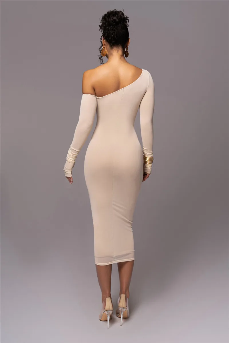 Diagonal Collar Long Sleeve Two Layer Mesh Backless Ruched Bodycon Midi Dress - Image 6