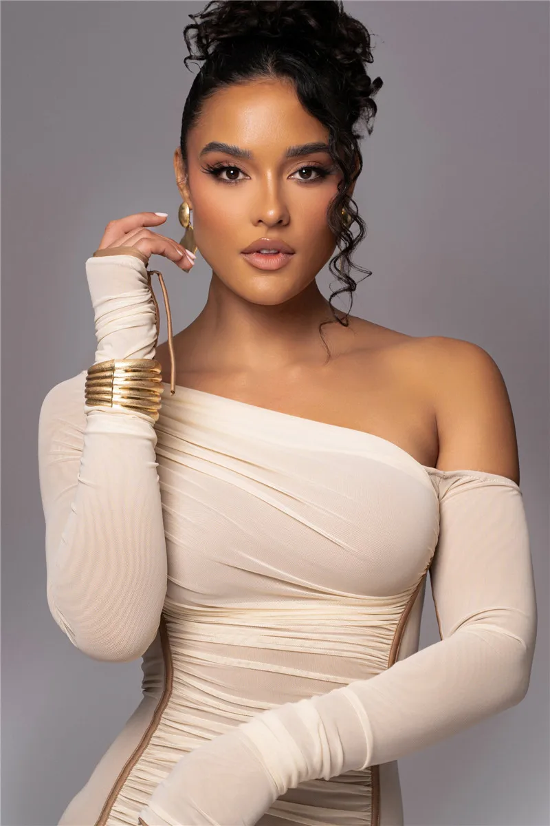 Diagonal Collar Long Sleeve Two Layer Mesh Backless Ruched Bodycon Midi Dress - Image 7