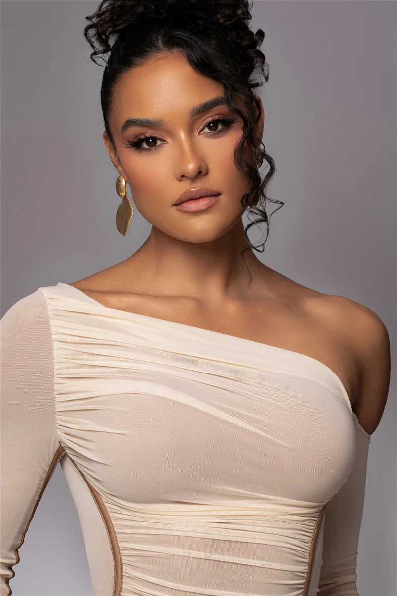 Diagonal Collar Long Sleeve Two Layer Mesh Backless Ruched Bodycon Midi Dress - Image 9