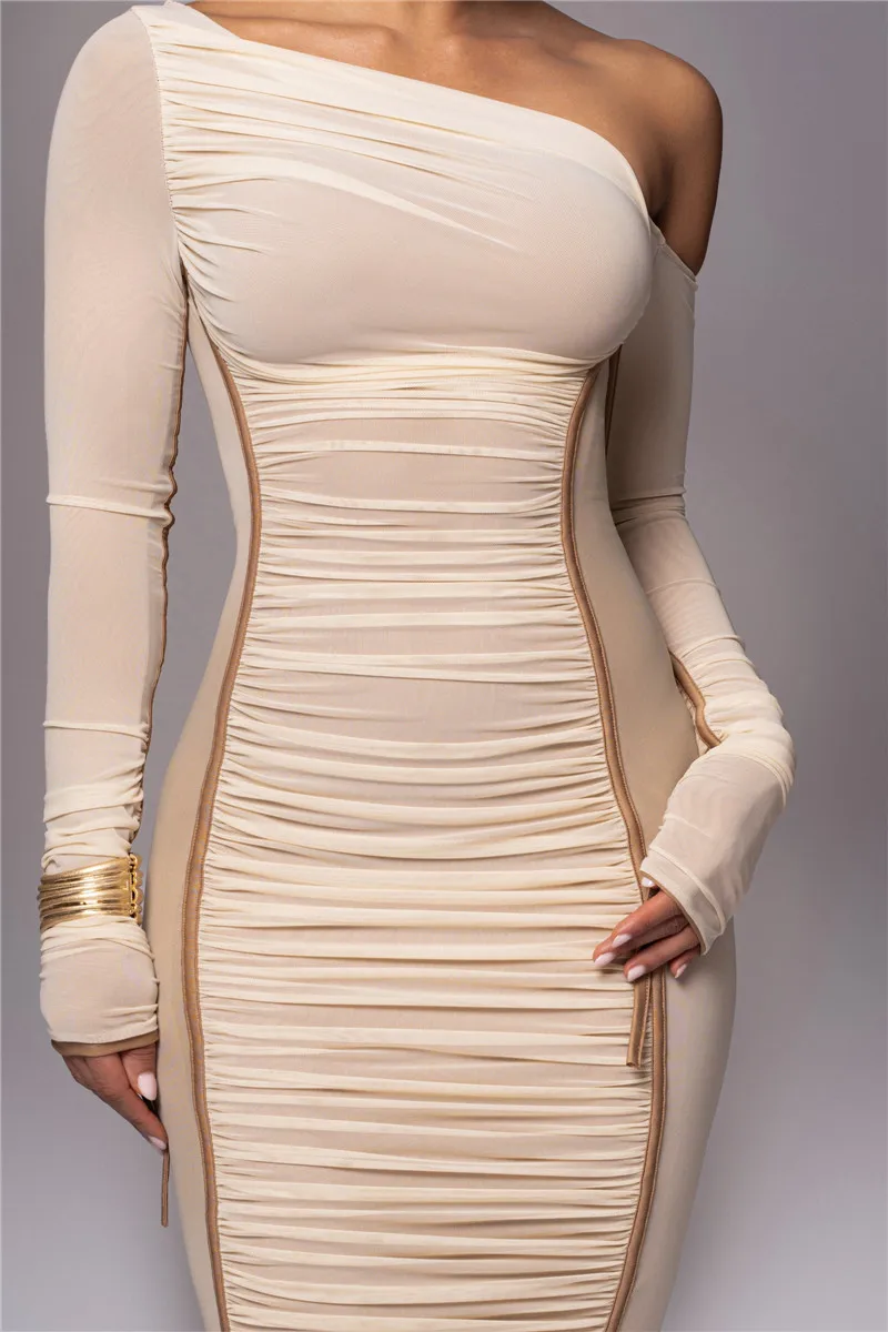 Diagonal Collar Long Sleeve Two Layer Mesh Backless Ruched Bodycon Midi Dress - Image 12