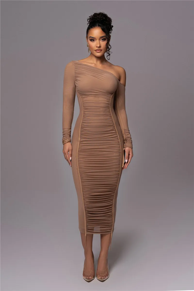 Diagonal Collar Long Sleeve Two Layer Mesh Backless Ruched Bodycon Midi Dress - Image 14