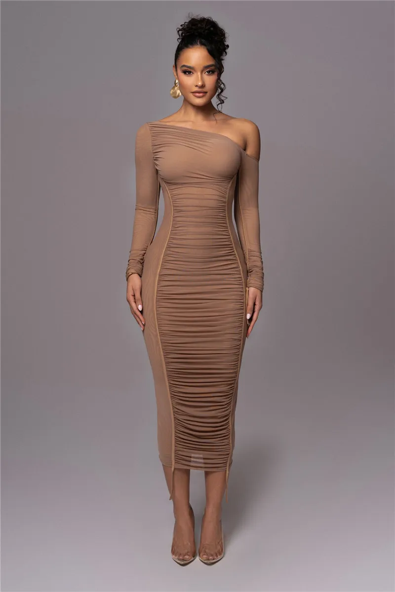 Diagonal Collar Long Sleeve Two Layer Mesh Backless Ruched Bodycon Midi Dress - Image 15
