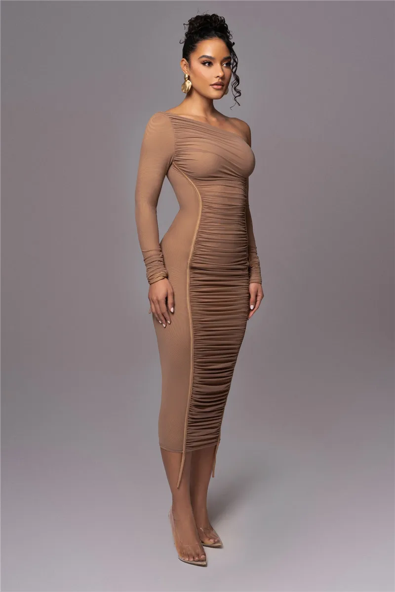 Diagonal Collar Long Sleeve Two Layer Mesh Backless Ruched Bodycon Midi Dress - Image 16