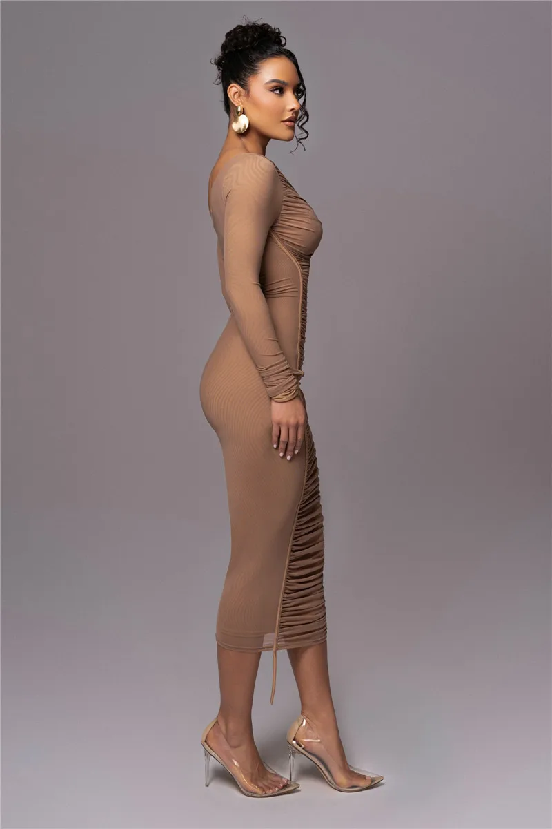 Diagonal Collar Long Sleeve Two Layer Mesh Backless Ruched Bodycon Midi Dress - Image 17