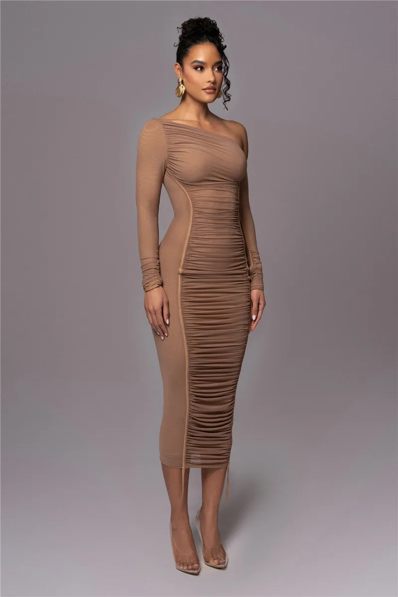 Diagonal Collar Long Sleeve Two Layer Mesh Backless Ruched Bodycon Midi Dress - Image 19