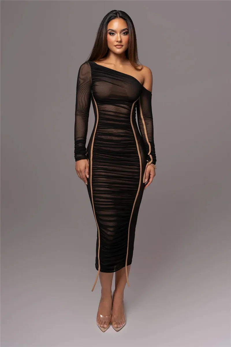 Diagonal Collar Long Sleeve Two Layer Mesh Backless Ruched Bodycon Midi Dress - Image 23