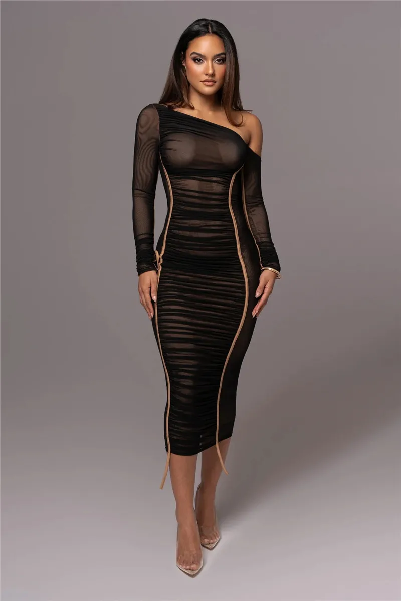 Diagonal Collar Long Sleeve Two Layer Mesh Backless Ruched Bodycon Midi Dress - Image 24