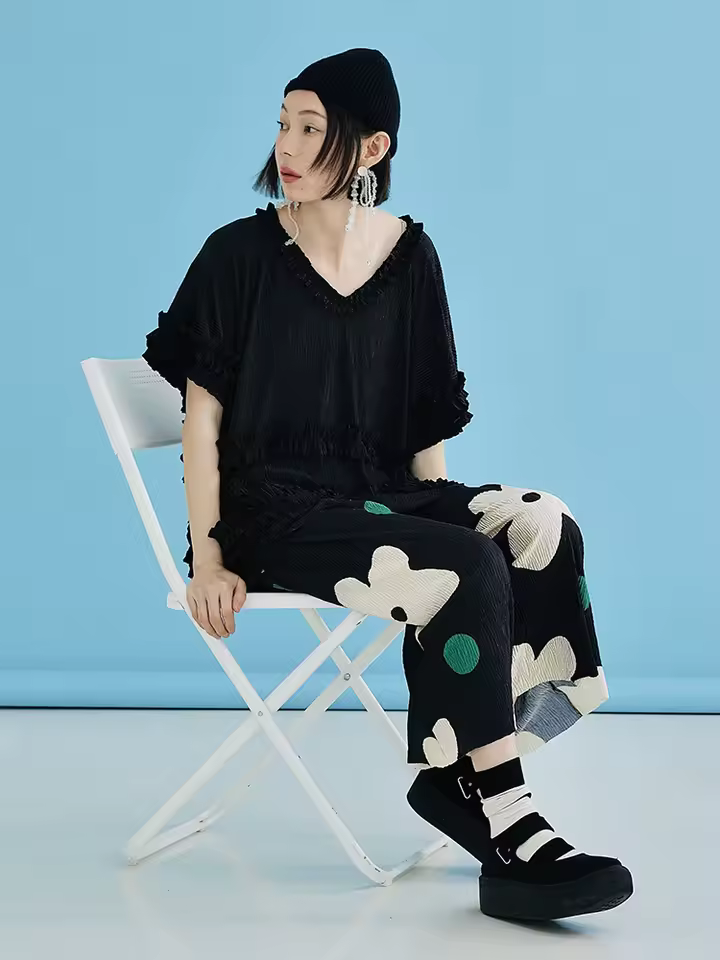 Elasticated Waist Thin Style Cropped Wave Dot Printed Nine Cropped Pants - Image 2