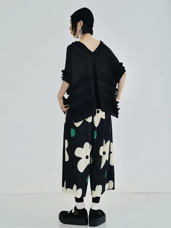 Elasticated Waist Thin Style Cropped Wave Dot Printed Nine Cropped Pants - Image 5