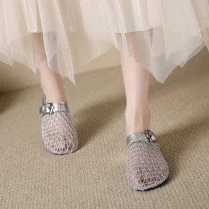 Elegant Air Mesh Mesh Metal Buckle Slides Square Heel Heeled Sandals
