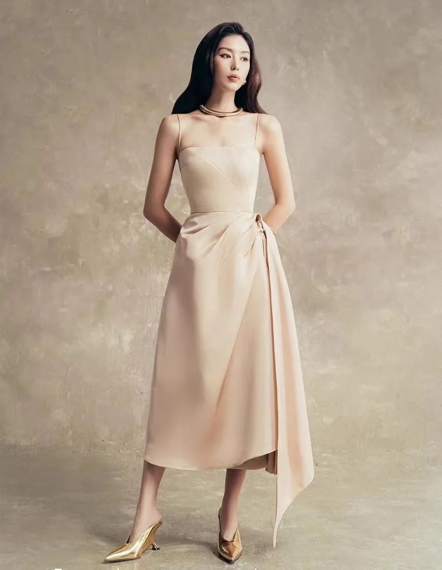 Elegant Asymmetrical Pleated Patchwork Slip Solid Color High Waist Evening Party Dresses