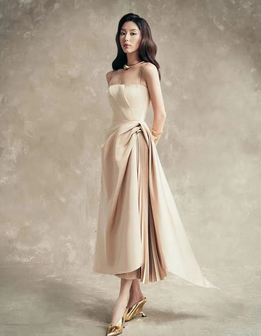Elegant Asymmetrical Pleated Patchwork Slip Solid Color High Waist Evening Party Dresses - Image 2