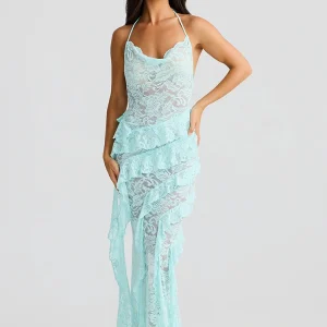 Elegant Backless Sheer Lace Halter Spaghetti Strap Ribbon Dress