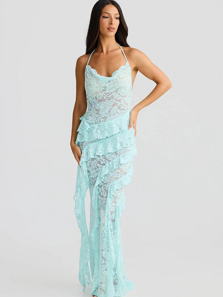 Elegant Backless Sheer Lace Halter Spaghetti Strap Ribbon Dress