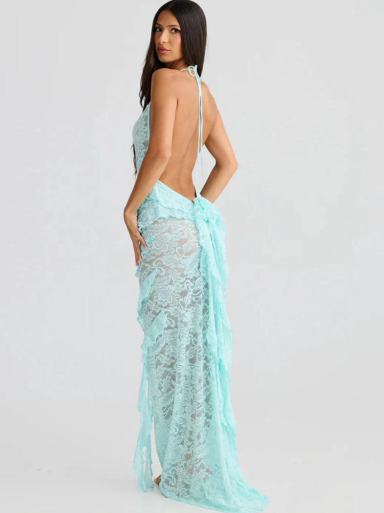 Elegant Backless Sheer Lace Halter Spaghetti Strap Ribbon Dress - Image 3