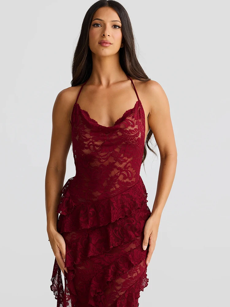 Elegant Backless Sheer Lace Halter Spaghetti Strap Ribbon Dress - Image 5