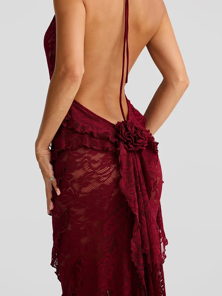 Elegant Backless Sheer Lace Halter Spaghetti Strap Ribbon Dress - Image 6