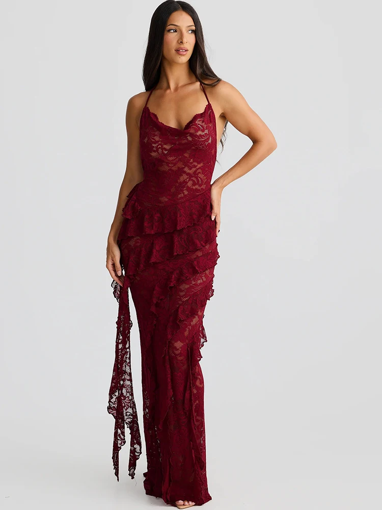 Elegant Backless Sheer Lace Halter Spaghetti Strap Ribbon Dress - Image 4
