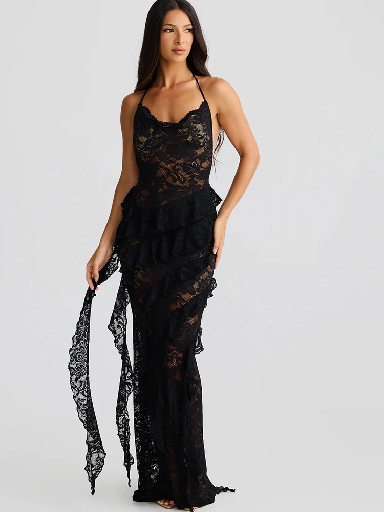 Elegant Backless Sheer Lace Halter Spaghetti Strap Ribbon Dress - Image 7
