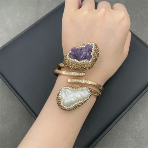 Elegant Banquet Natural Amethyst Baroque Inlaid Freshwater Pearl Bangle Crystal Quartz Bracelet