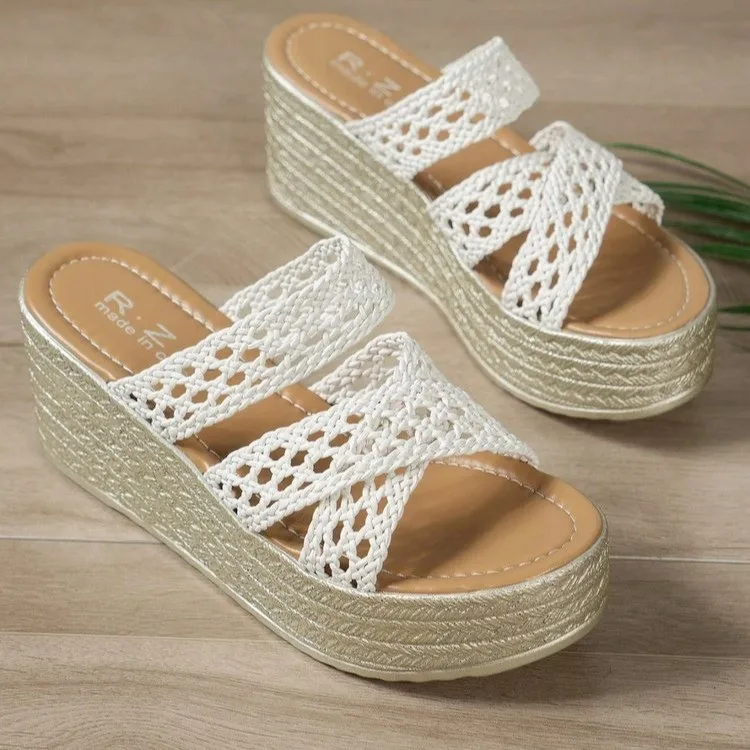 Elegant Beach Style Hollow Thick Sole Slides Platform Flip Flops Wedge Heels - Image 5