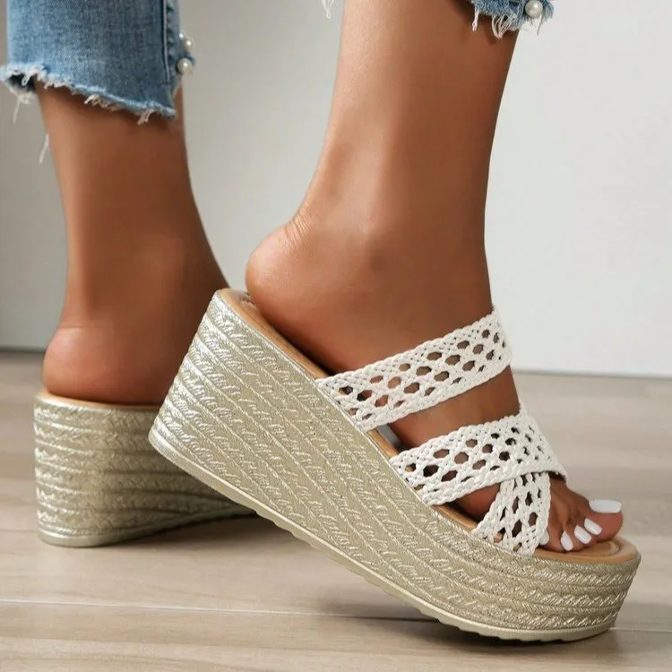 Elegant Beach Style Hollow Thick Sole Slides Platform Flip Flops Wedge Heels - Image 4