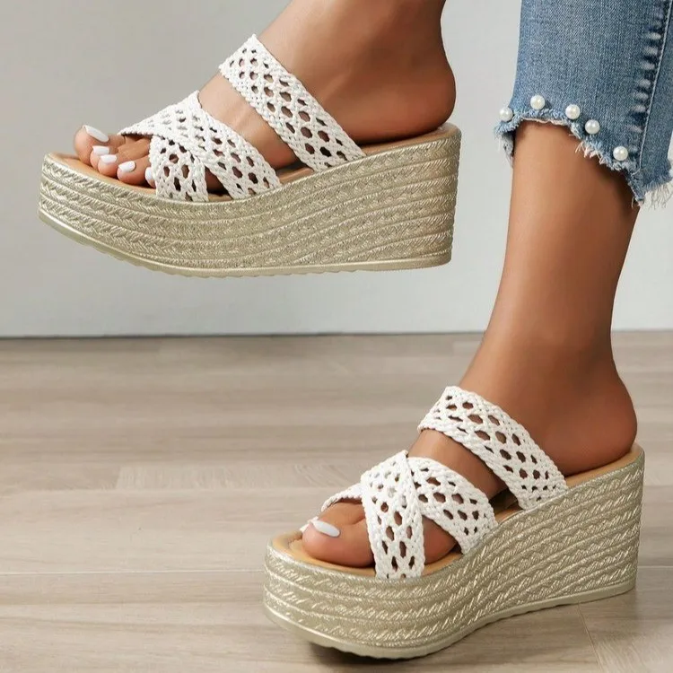 Elegant Beach Style Hollow Thick Sole Slides Platform Flip Flops Wedge Heels - Image 2