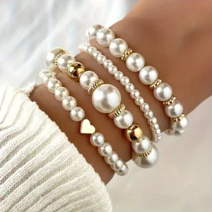 Elegant Beaded Beautiful and Versatile High Grade Pearl Love Bracelet of 4 Set