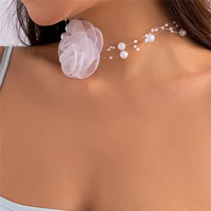 Elegant Big Rose Flower Clavicle Chain Imitation Pearl Rope Aesthetic Choker Necklace