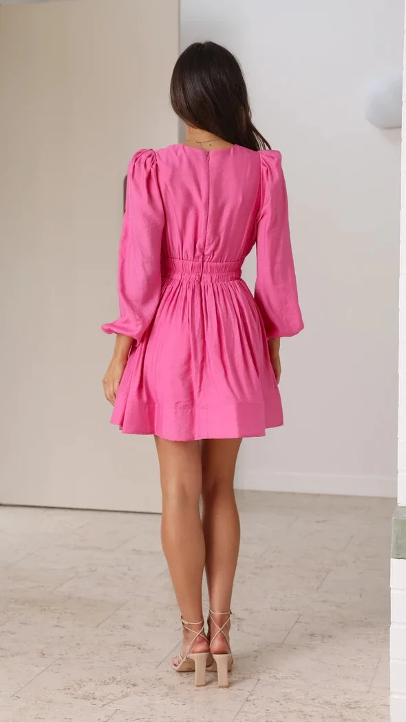 Elegant Bohemian Deep V Waist Fold Long Sleeved Mini Length Dress - Image 12