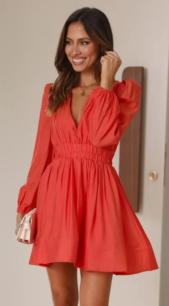 Elegant Bohemian Deep V Waist Fold Long Sleeved Mini Length Dress - Image 14