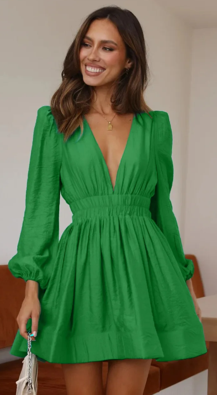 Elegant Bohemian Deep V Waist Fold Long Sleeved Mini Length Dress - Image 7