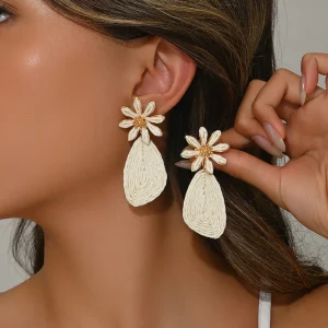 Elegant Bohemian Stylish Daisy Flower Geometric Raffia Rattan Knit Beach Earrings