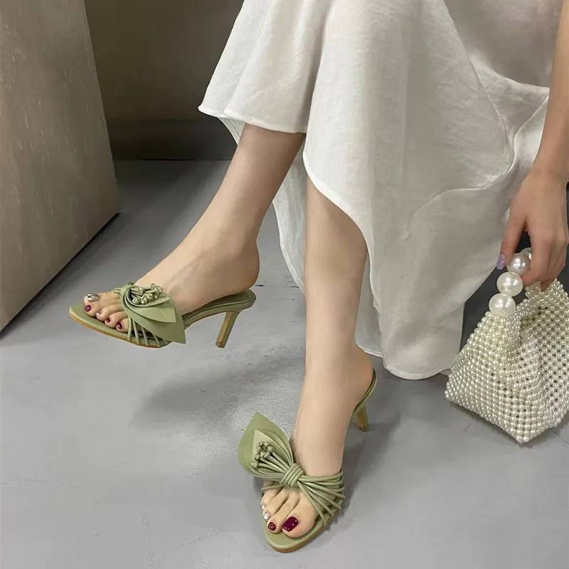 Elegant Bowknot Narrow Band Mules Slides High Heels Sandals - Image 5