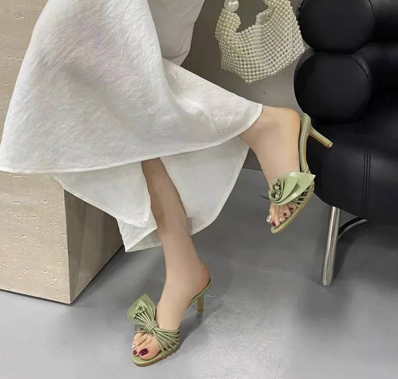 Elegant Bowknot Narrow Band Mules Slides High Heels Sandals - Image 3