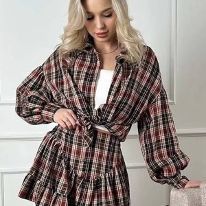 Elegant  Print Casual Lapel Long Sleeve Button Shirts And High Waist Pleated Mini Skirts Set