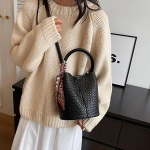 Elegant Bucket Stylish Solid Color Woven Effect Handbag Shoulder Bucket Bag