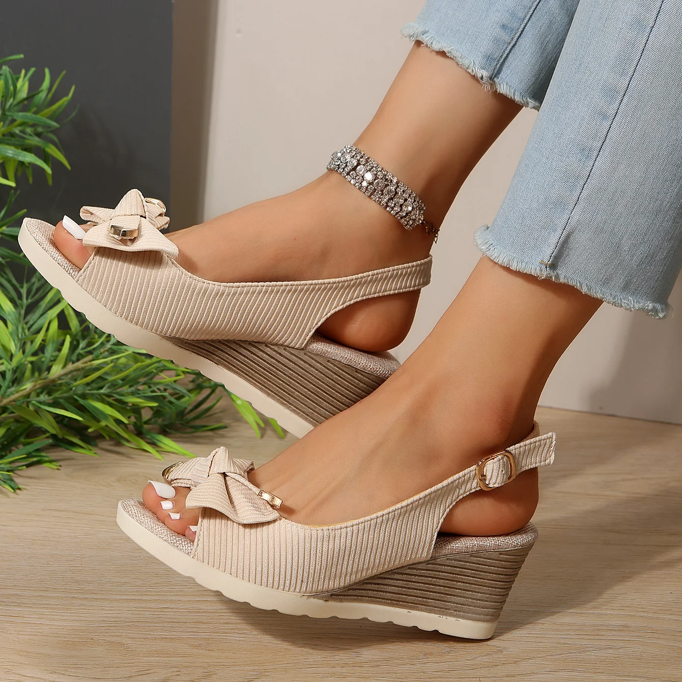 Elegant Buckle Peep Toe Comfort Lightweight High Heels Wedges Sandals - Image 6