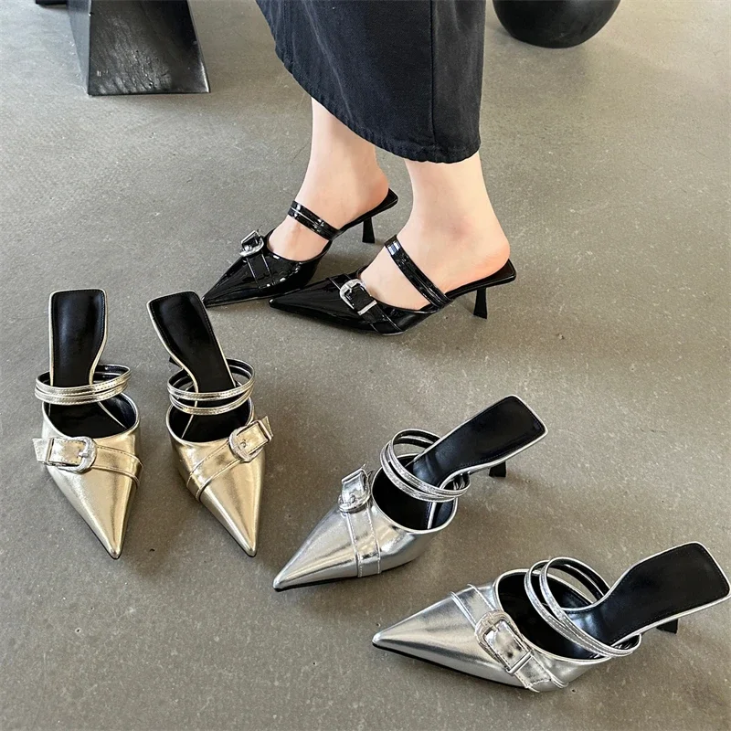 Elegant Buckle Strap Design Pointed Toe Shallow Kitten High Heel - Image 6
